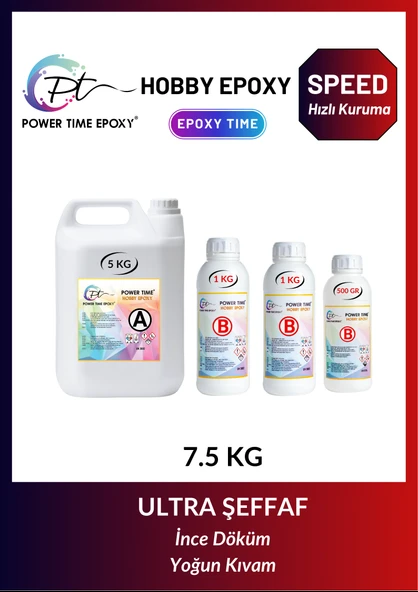 POWER TIME EPOXY 7.5 Kg Hobi Epoksi Speed/ Hızlı Kuruma/ Ultra Şeffaf ve Parlak Epoksi Reçine Ince Döküm Yoğun Kıvam ürün görseli 1