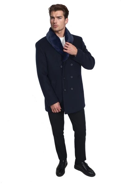 Cengiz İnler Yaka Kürklü Kruvaze Erkek Kaşe Kaban - 3