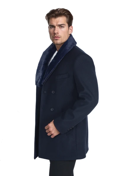 Cengiz İnler Yaka Kürklü Kruvaze Erkek Kaşe Kaban - 6