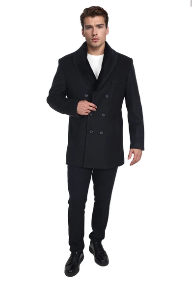 Cengiz İnler Yaka Kürklü Kruvaze Erkek Kaşe Kaban