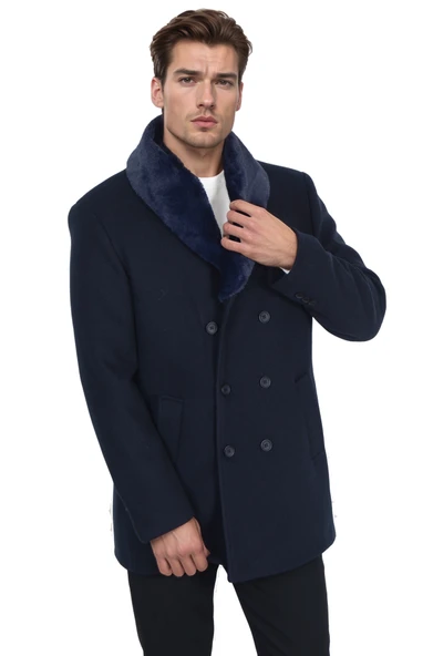 Cengiz İnler Yaka Kürklü Kruvaze Erkek Kaşe Kaban - 5