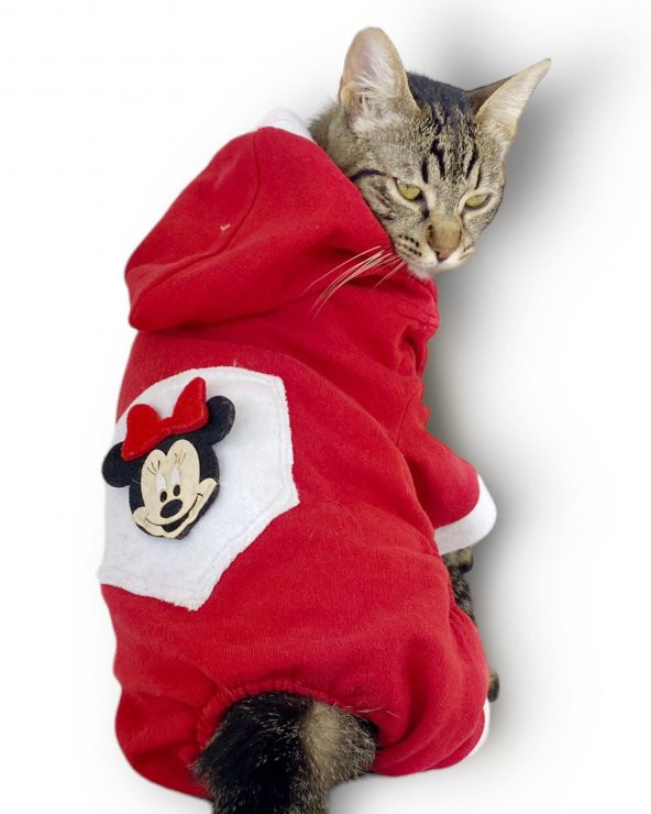 Kırmızı Sevimli Fare Kapşonlu Kedi Tulumu