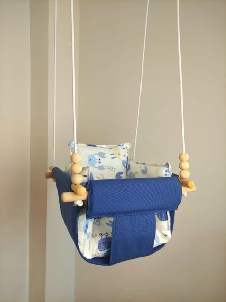 Ahşap Salıncak Bebek ve Çocuk Salıncağı Hamak Beşik Mavi Beyaz Figürlü Model - 3