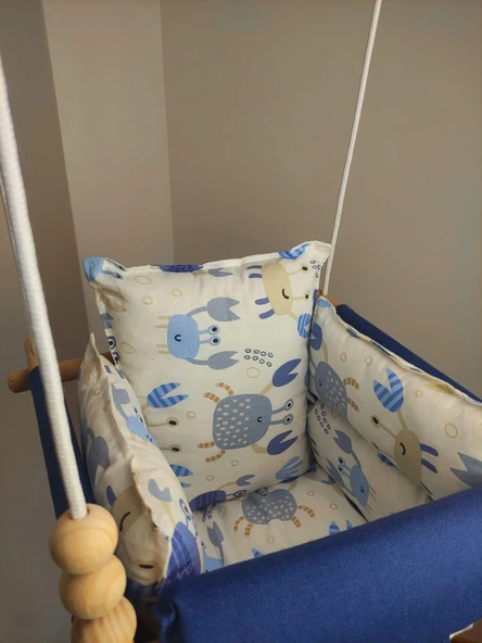 Ahşap Salıncak Bebek ve Çocuk Salıncağı Hamak Beşik Mavi Beyaz Figürlü Model - 4