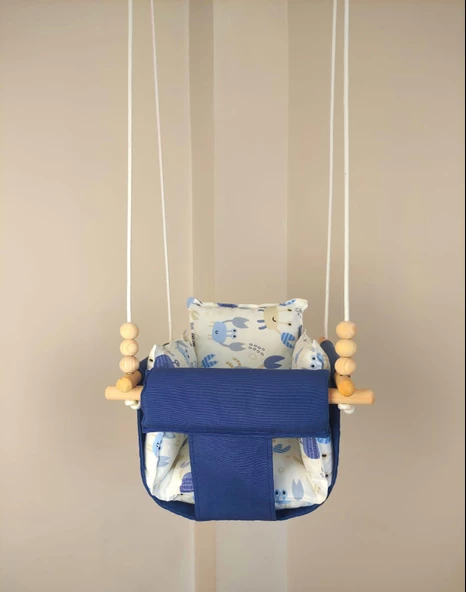 Ahşap Salıncak Bebek ve Çocuk Salıncağı Hamak Beşik Mavi Beyaz Figürlü Model - 2