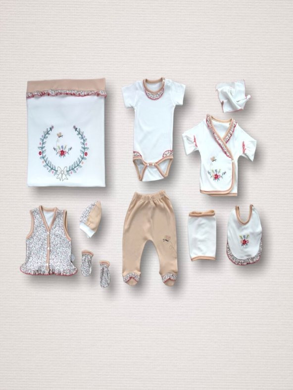 Dnzc ERGUVAN TAÇ NAKIŞLI 100 COTTON ANTİBAKTERİYEL KIZ BEBEK 10LU ZIBIN TAKIMI HASTANE ÇIKIŞI (NAR)