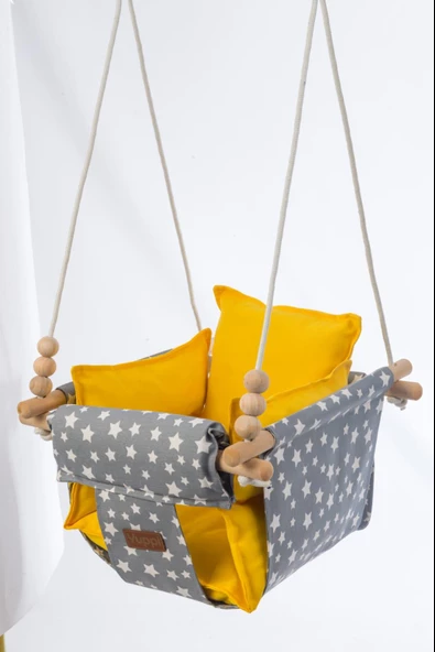 Ahşap Salıncak Bebek ve Çocuk Salıncağı Hamak Beşik Gri Yıldızlı Sarı Model - 2