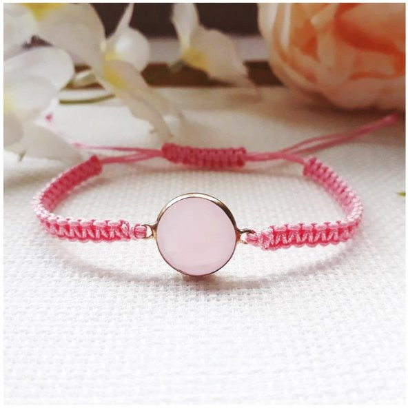 Pembe Renk Makrome Örme Kadın Akik Doğal Taş Bileklik
