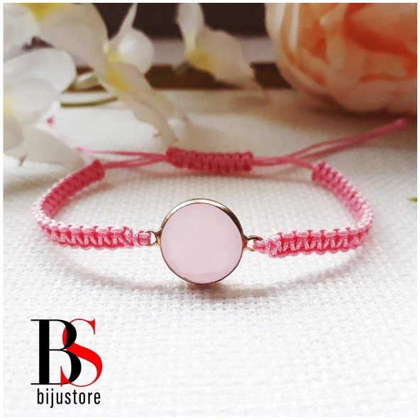 Pembe Renk Makrome Örme Kadın Akik Doğal Taş Bileklik - 2
