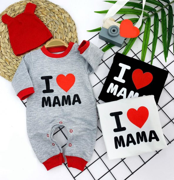Kulaklı Şapka I Love Mama Baskılı 2 li Bebek Tulumu