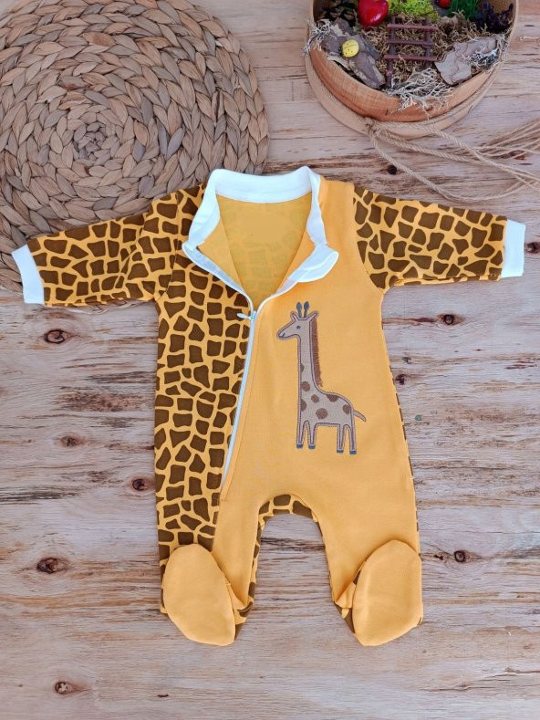 Boy Fermuar Zürafa Nakışlı Bebek Tulumu