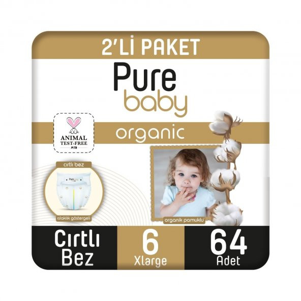 Pure Baby  Organik Pamuklu Cırtlı Bez Tekli Paket 6 Numara Xlarge 64 Adet