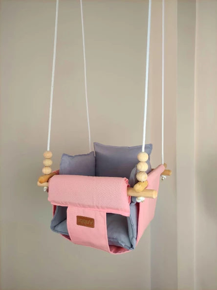 Ahşap Salıncak Bebek ve Çocuk Salıncağı Hamak Beşik Pembe Gri Model - 3