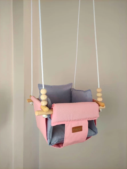 Ahşap Salıncak Bebek ve Çocuk Salıncağı Hamak Beşik Pembe Gri Model - 4