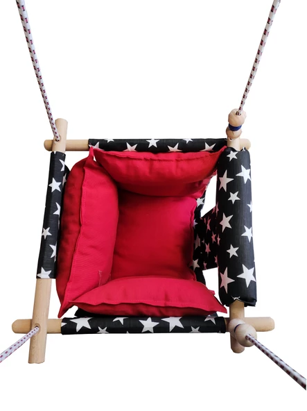 Ahşap Salıncak Bebek ve Çocuk Salıncağı Hamak Beşik Siyah Yıldızlı Kırmızı Model - 3