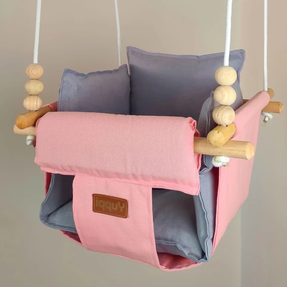 Ahşap Salıncak Bebek ve Çocuk Salıncağı Hamak Beşik Pembe Gri Model - 2
