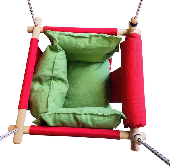 Ahşap Salıncak Bebek ve Çocuk Salıncağı Hamak Beşik Kırmızı Yeşil Model - 4