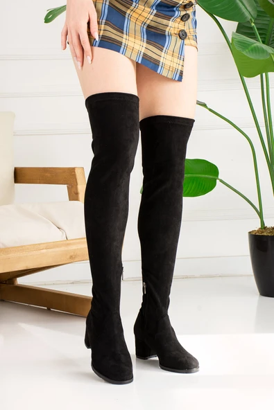 Nstil Günlük Siyah Kadın Çizme Topuklu Streç Çorap Süet Diz Üstü Fermuarlı Bağcıklı Dizüstü Bot 173 - 3