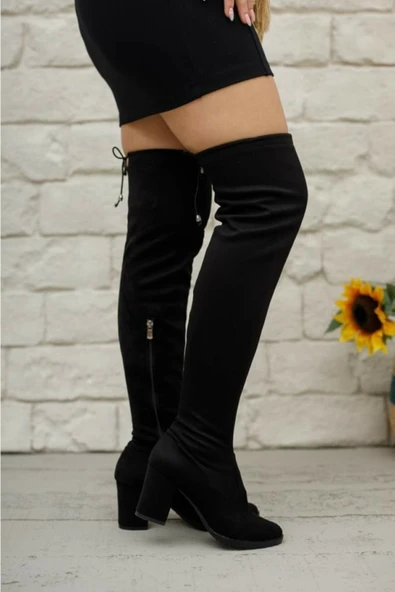 Nstil Günlük Siyah Kadın Çizme Topuklu Streç Çorap Süet Diz Üstü Fermuarlı Bağcıklı Dizüstü Bot 173 - 8