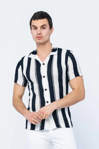 Erkek Slim Fit Çizgili Geniş Kafes Örgülü File Kısa Kollu Triko Gömlek - 9