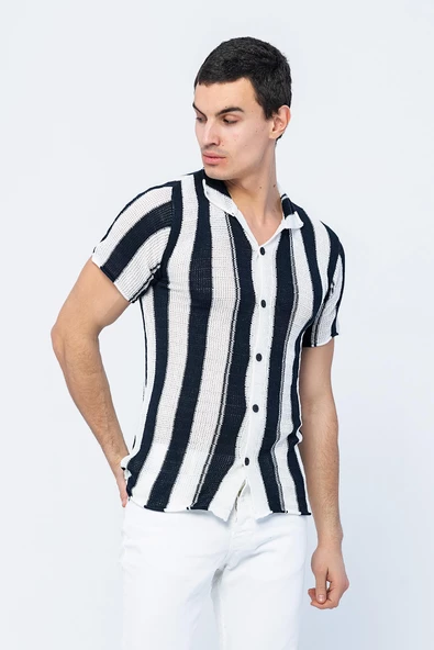 Erkek Slim Fit Çizgili Geniş Kafes Örgülü File Kısa Kollu Triko Gömlek - 5