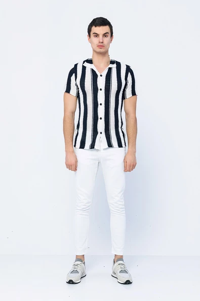 Erkek Slim Fit Çizgili Geniş Kafes Örgülü File Kısa Kollu Triko Gömlek - 8