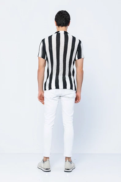 Erkek Slim Fit Çizgili Geniş Kafes Örgülü File Kısa Kollu Triko Gömlek - 11