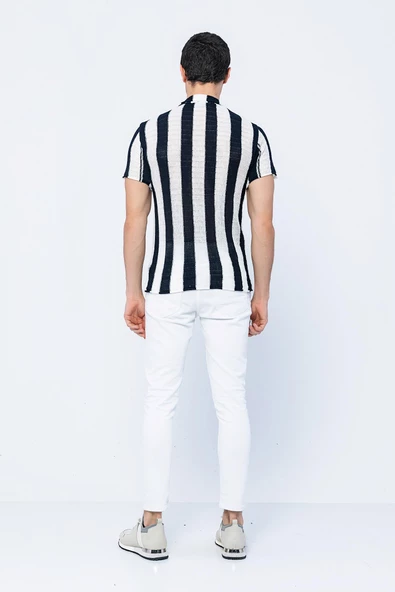 Erkek Slim Fit Çizgili Geniş Kafes Örgülü File Kısa Kollu Triko Gömlek - 3