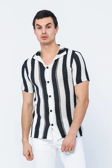Erkek Slim Fit Çizgili Geniş Kafes Örgülü File Kısa Kollu Triko Gömlek - 10