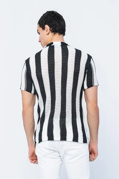Erkek Slim Fit Çizgili Geniş Kafes Örgülü File Kısa Kollu Triko Gömlek - 12
