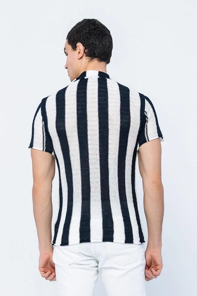 Erkek Slim Fit Çizgili Geniş Kafes Örgülü File Kısa Kollu Triko Gömlek - 4