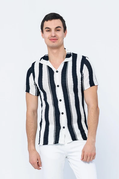 Erkek Slim Fit Çizgili Geniş Kafes Örgülü File Kısa Kollu Triko Gömlek - 2