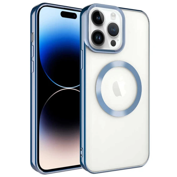 Apple iPhone 14 Pro Max Kılıf Magsafe Wireless Şarj Özellikli Zore Setro Silikon Kılıf  Mavi