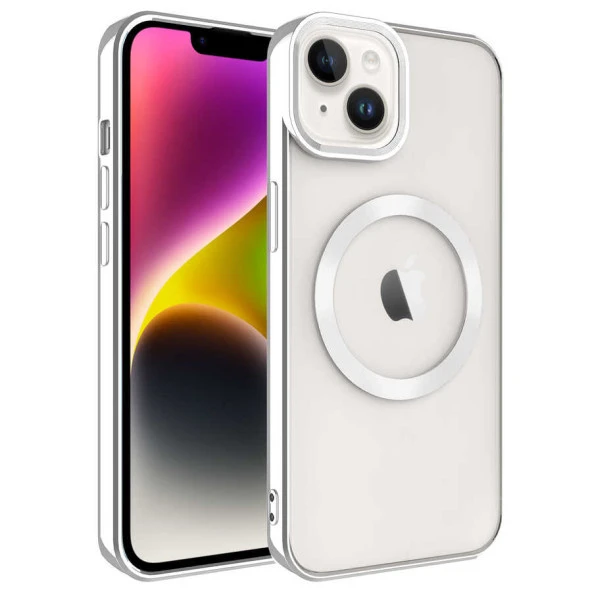 Apple iPhone 14 Plus Kılıf Magsafe Wireless Şarj Özellikli Zore Setro Silikon Kılıf  Gümüş