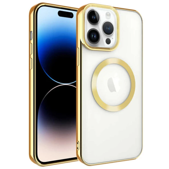 Apple iPhone 14 Pro Kılıf Magsafe Wireless Şarj Özellikli Zore Setro Silikon Kılıf  Gold