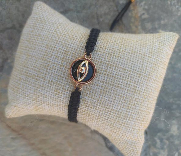 Bileklik Göz Figürlü Siyah Taşlı Rose Gold Makrome Ayarlanabilir İp Bileklik Bijuteri Takı Bilezik ürün görseli