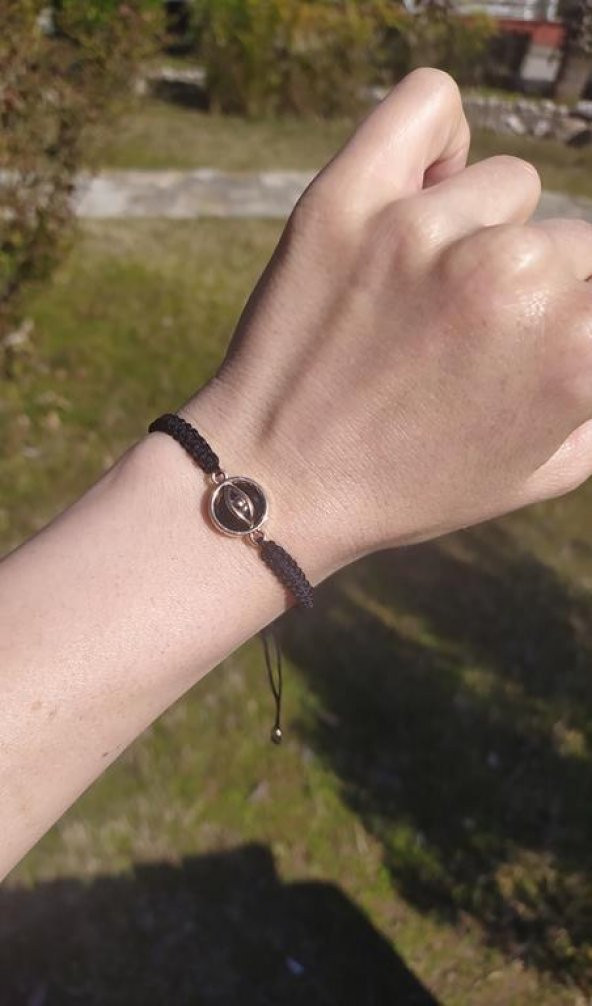 Bileklik Göz Figürlü Siyah Taşlı Rose Gold Makrome Ayarlanabilir İp Bileklik Bijuteri Takı Bilezik - Resim 2