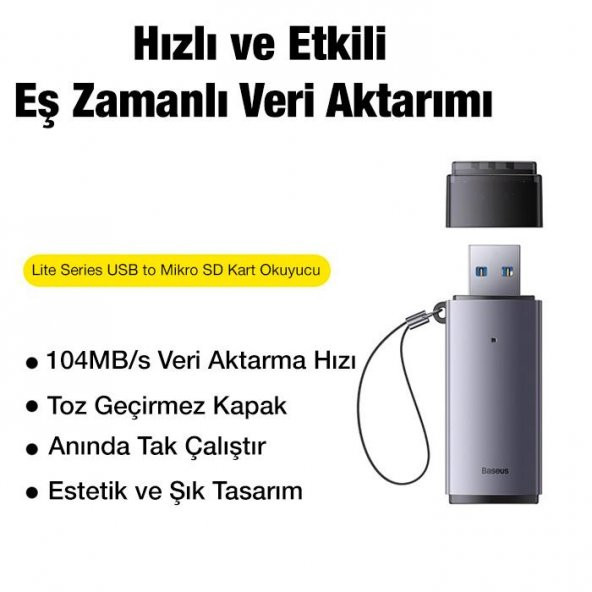 BASEUS USB To SD-Micro SD Hafıza Kart Okuyucu Adaptör, USB 3.0 Led Işıklı Card reader - 2