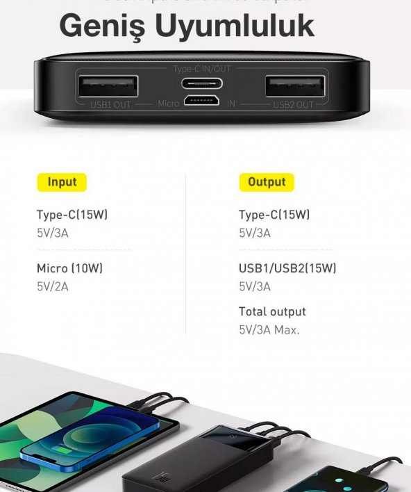Baseus Çift Yönlü Ntc Isı Korumalı Dijital Ekranlı 15W 10000 mAh Powerbank Hafif Kompact Tasarım - 8