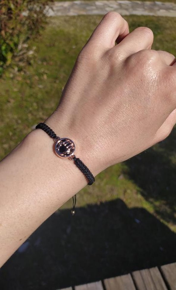 Bileklik El Figür Siyah Taşlı Rose Gold Makrome Ayarlanabilir İp Bileklik Bijuteri Takı Bilezik - Resim 2