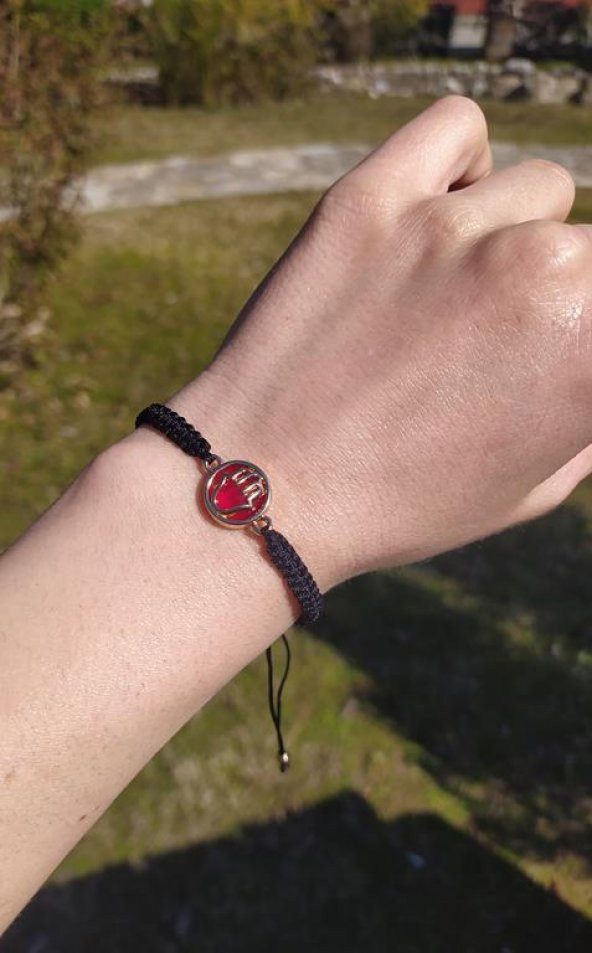 Bileklik El Figür Kırmızı Taşlı Makrome Ayarlanabilir İp Bileklik Bijuteri Takı Bilezik - Resim 2