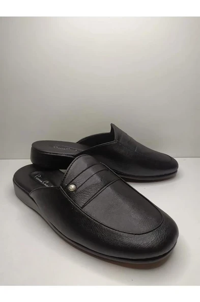 Pierre Cardin 288-1 Erkek Siyah Damat Çeyiz Armalı Düz Deri Terlik - 2