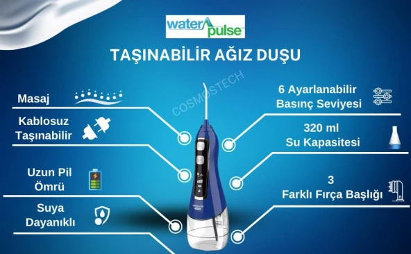 Waterpulse Kablosuz Pro V580 Water Flosser 320ml Taşınabilir Diş/Protez Bakım Ve Ağız Duşu Mavi - 3