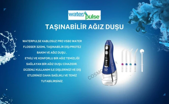 Waterpulse Kablosuz Pro V580 Water Flosser 320ml Taşınabilir Diş/Protez Bakım Ve Ağız Duşu Mavi - 5