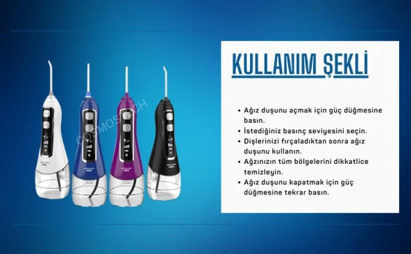 Waterpulse Kablosuz Pro V580 Water Flosser 320ml Taşınabilir Diş/Protez Bakım Ve Ağız Duşu Mavi - 6