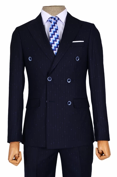 Cengiz İnler Noktalı Çizgili Kruvaze Slim Fit Erkek Takım Elbise - 3