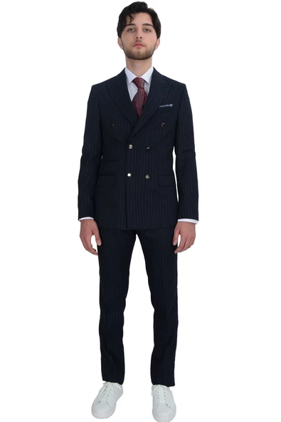 Cengiz İnler Dik Nokta Çizgili Kruvaze Slim Fit Erkek Takım Elbise - 8