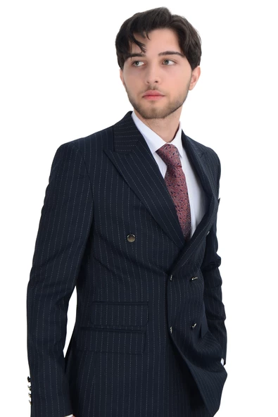 Cengiz İnler Dik Nokta Çizgili Kruvaze Slim Fit Erkek Takım Elbise - 10