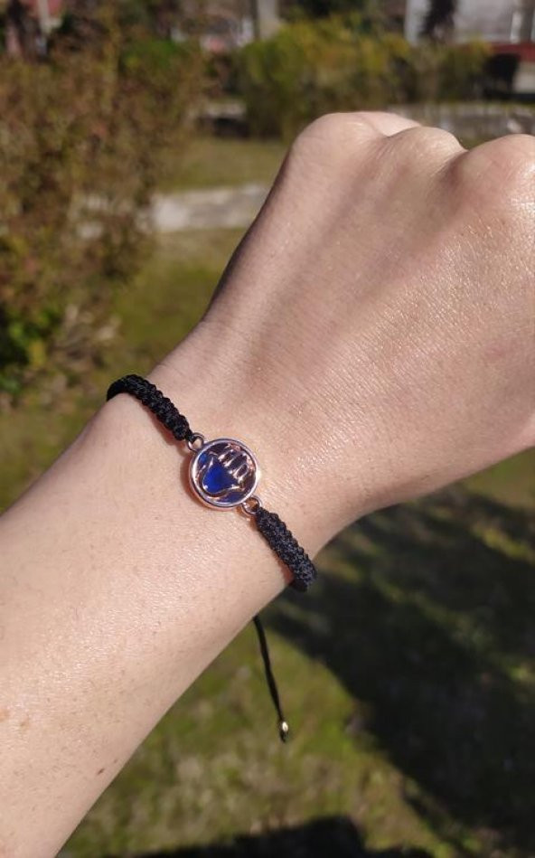 Bileklik El Figür Mavi Taşlı Rose Gold Makrome Ayarlanabilir İp Bileklik Bijuteri Takı Bilezik - 2