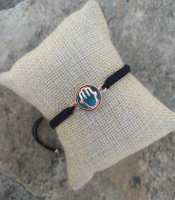 Bileklik El Figür Mavi Taşlı Rose Gold Makrome Ayarlanabilir İp Bileklik Bijuteri Takı Bilezik - 1